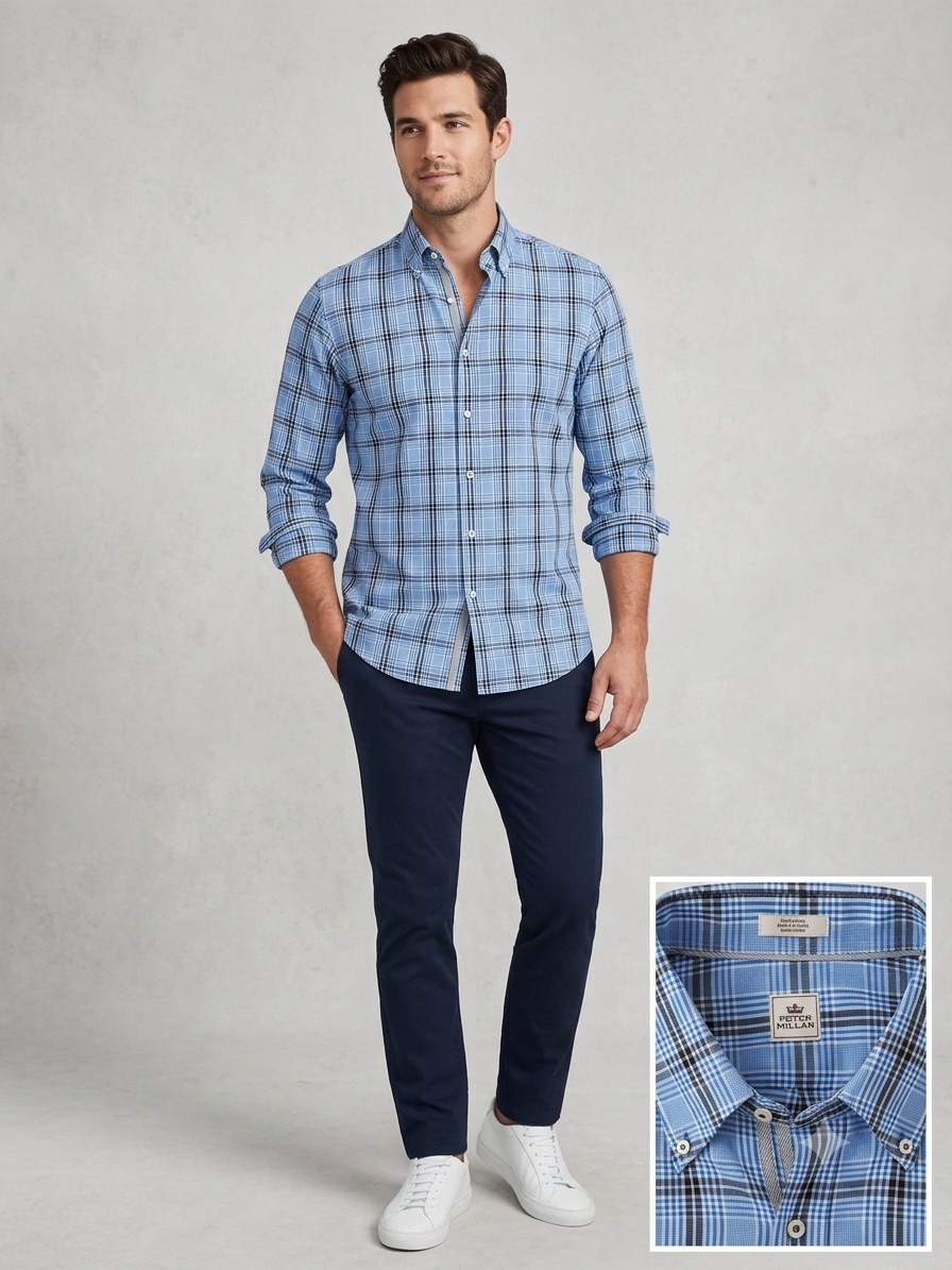 Peter Millar Blue Plaid Button Up Shirt